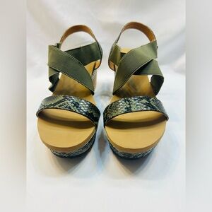 Yellow Box Olive and Snake Skin Wedge Sandals